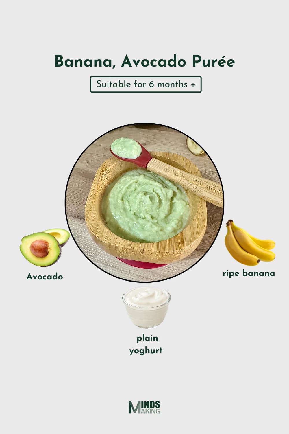 Banana Avocado Purée recipe for babies 6 months and older, made with ingredients like ripe banana, avocado, and plain yogurt. A smooth, nutritious, and easy-to-make homemade baby food recipe designed by MindsMaking.