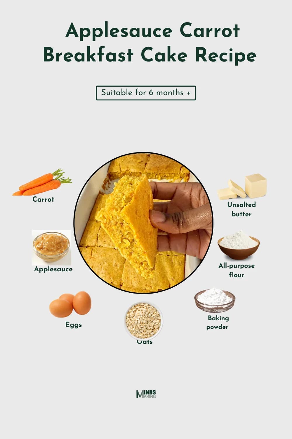 Applesauce Carrot Breakfast Cake recipe for babies 6 months and older, made with ingredients like: carrots, applesauce, eggs, oats, all-purpose flour, baking powder, and unsalted butter. A soft, nutritious, and easy-to-make baby food recipe designed by MindsMaking.