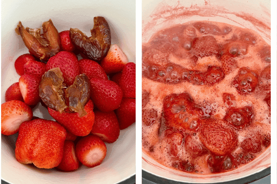 Strawberries, dates, and lemon juice simmering in a medium saucepan on a stovetop, with a wooden spoon gently stirring the mixture as it becomes soft and juicy.