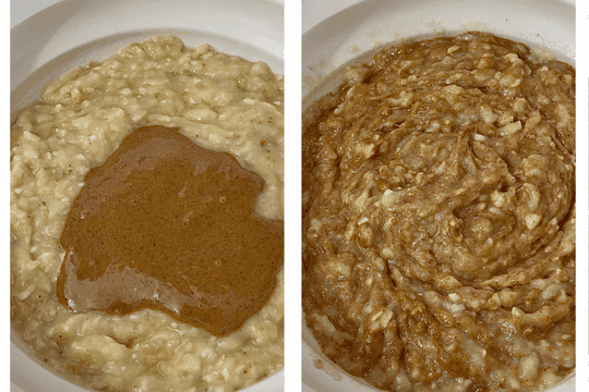 Almond butter being stirred into mashed bananas — forming a creamy mixture for strawberry banana oat cups.