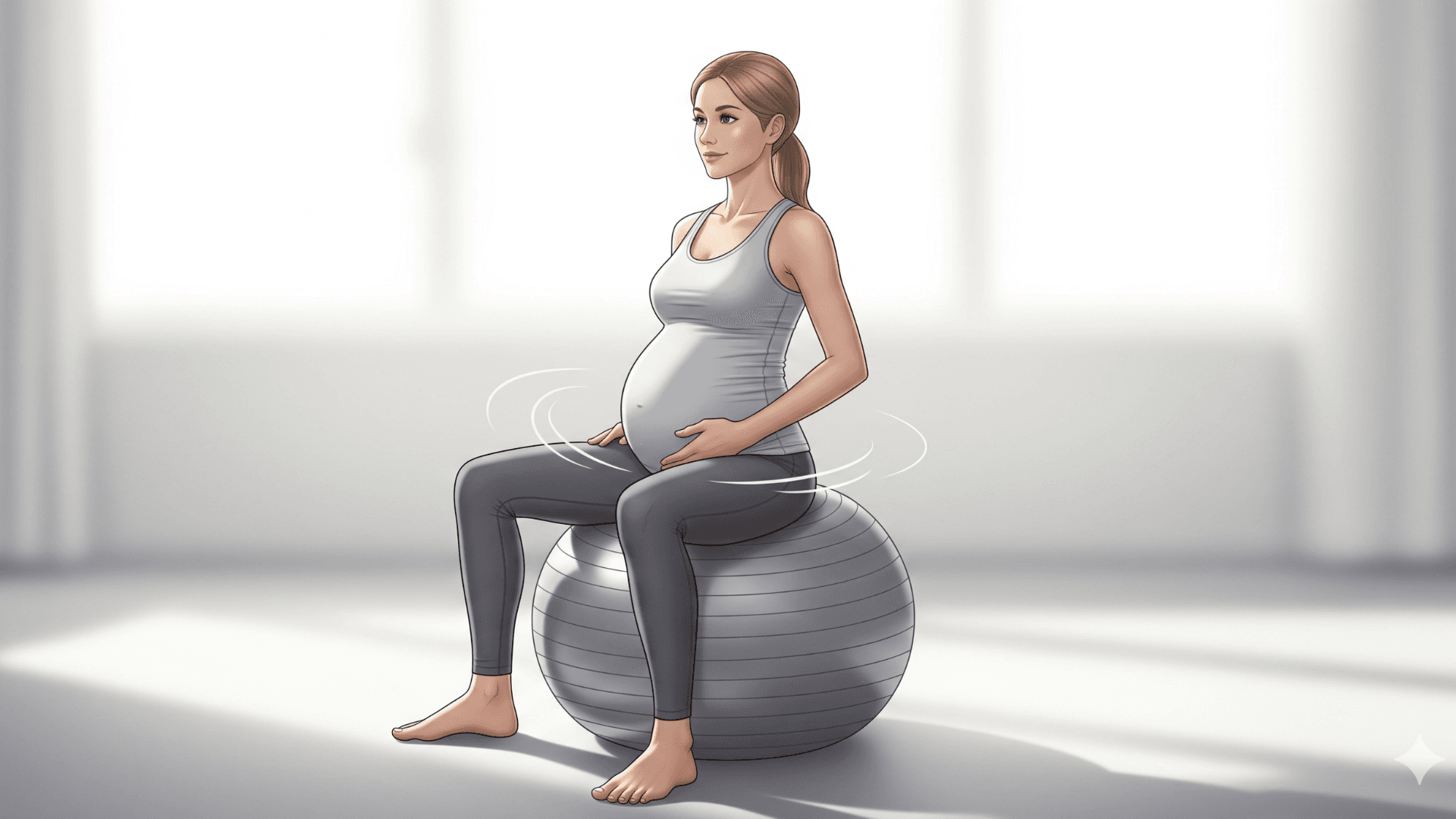 Pregnant woman sitting on a stability ball doing gentle exercises to induce labor.