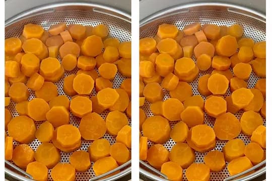 "Steamed carrot slices prepared for making healthy carrot ice cream popsicles for toddlers and kids"