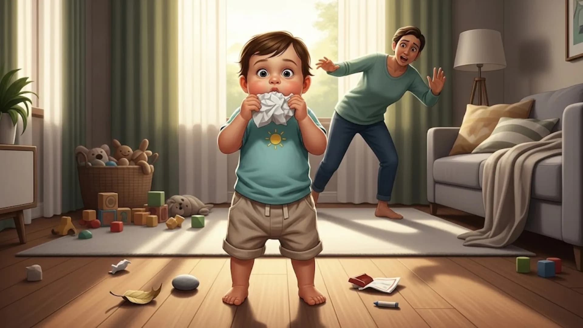 "Alarmed mother sees a toddler putting crumpled paper in their mouth, illustrating a common child safety concern."
