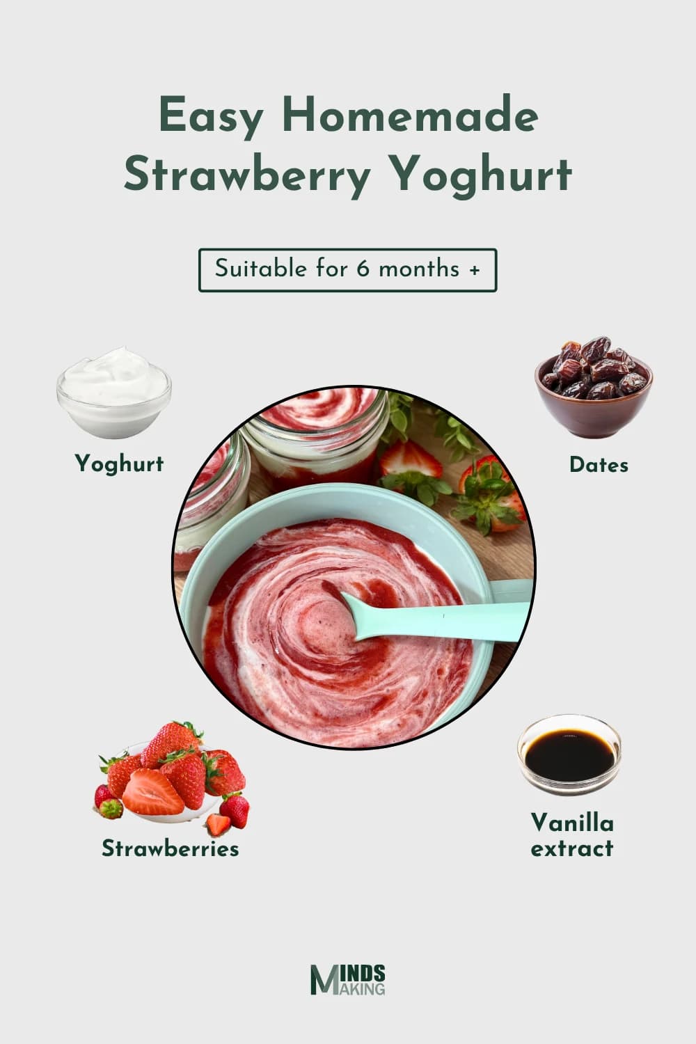 "Infographic: Easy Homemade Strawberry Yogurt Recipe suitable for 6 months+. Features a central image of a swirled strawberry yogurt in a bowl with a spoon, surrounded by ingredient photos: yogurt, dates, strawberries, and vanilla extract. Ideal for healthy baby food, toddler snacks, or a simple breakfast."