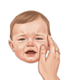 Close-up illustration of a baby crying with an expressive face, showing tears, as an adult's gentle hand touches their cheek for comfort. This image illustrates how babies communicate needs (hunger, discomfort) through crying. Clean illustration with a white background, suitable for infant communication and newborn needs educational materials.