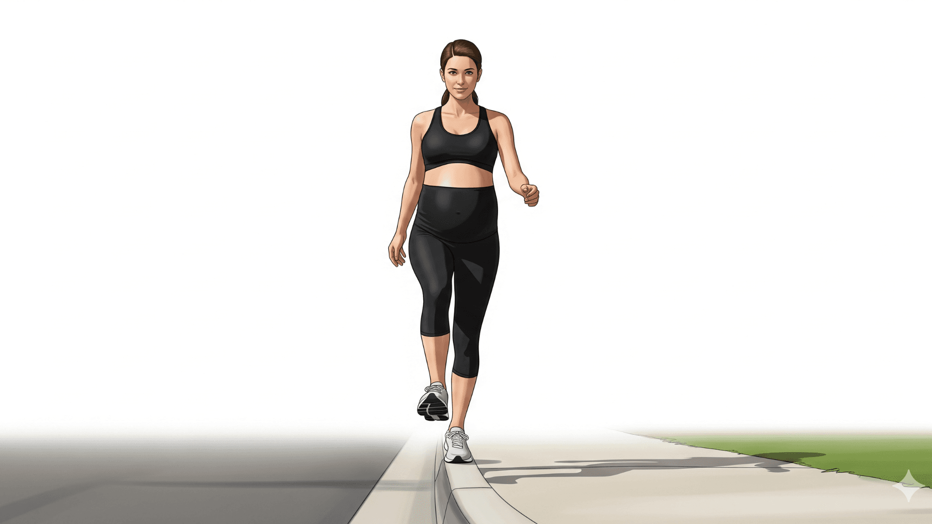 A full-body shot of a pregnant woman wearing a black sports bra and black leggings, walking outdoors on a sidewalk or curb.