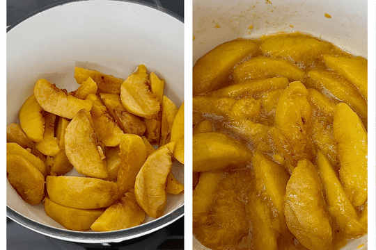 Chopped peaches in a saucepan simmering with lemon juice and a splash of water, releasing juices and softening over medium heat.