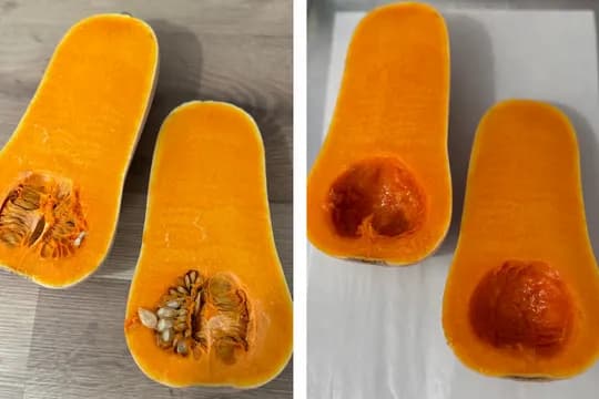 "Two halves of raw butternut squash, one with seeds and one deseeded, on a wooden surface and then on a baking sheet, showing prep for cooking."