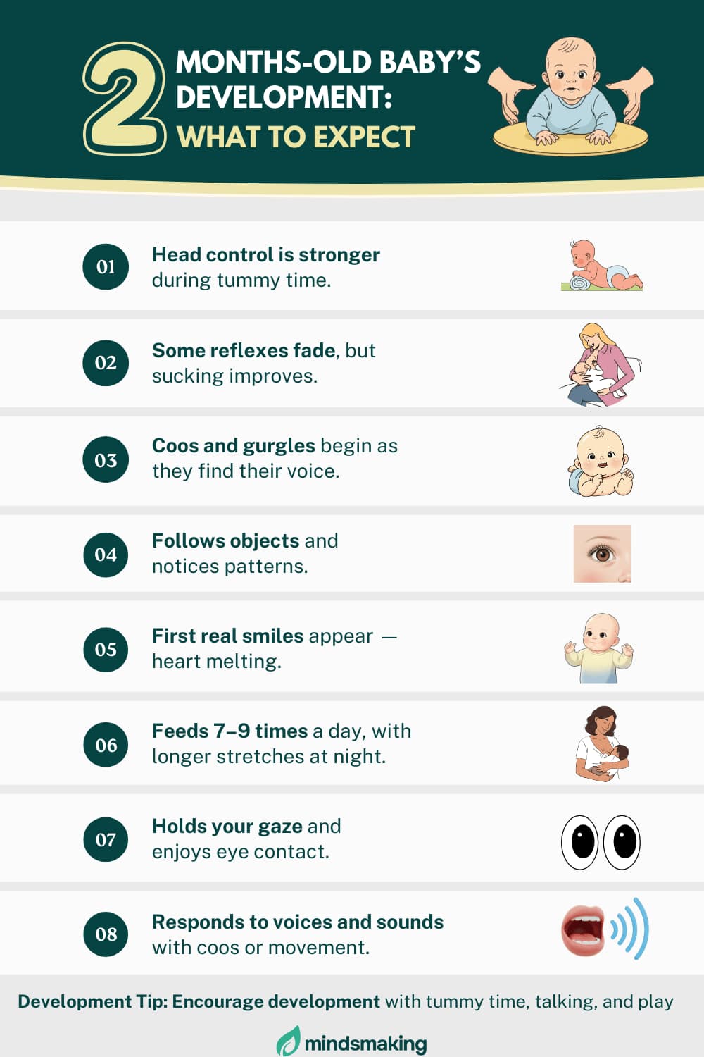 2-Month-Old Baby Development Visual Guide: What to Expect, Milestones Infographic, Stronger Head Control, Reflex Changes, Cooing and Gurgling, Tracking Objects, Real Smiles, Feeding Schedule, Eye Contact, Responding to Voices and Sounds, and Development Tips.