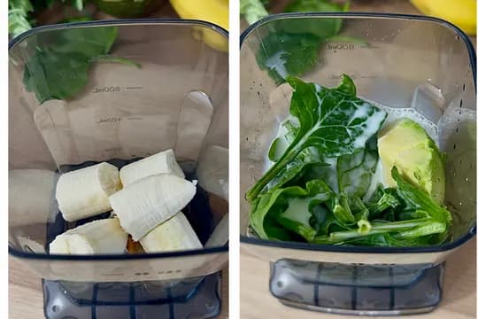 "Blender filled with chopped banana, avocado, spinach, and plant-based milk for a creamy green smoothie recipe"