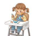 A toddler in a high chair using a spoon and cup with improved coordination against a white background.