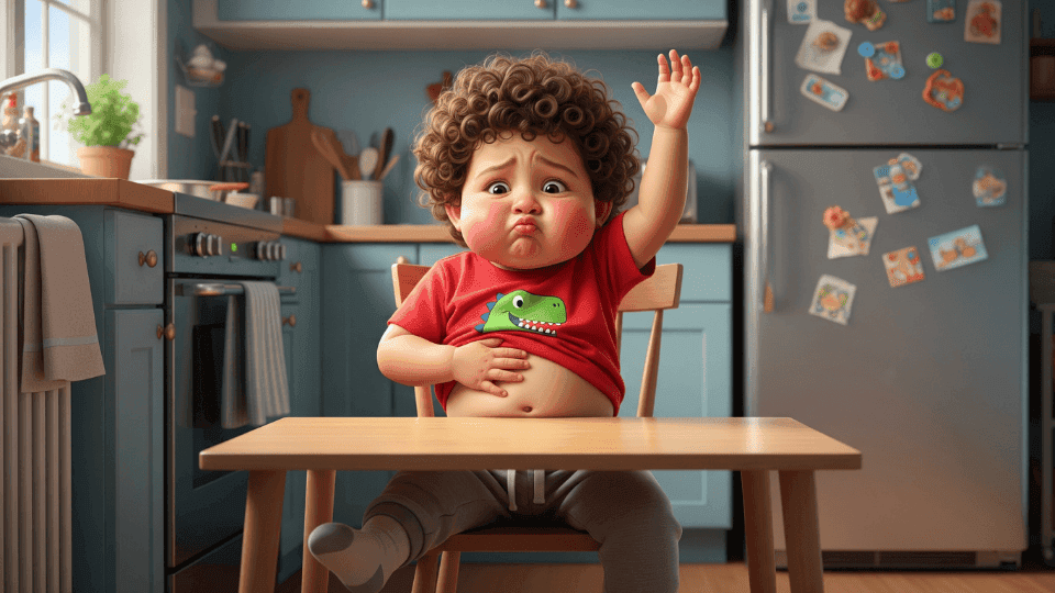 A toodler holding his belly with his hands up