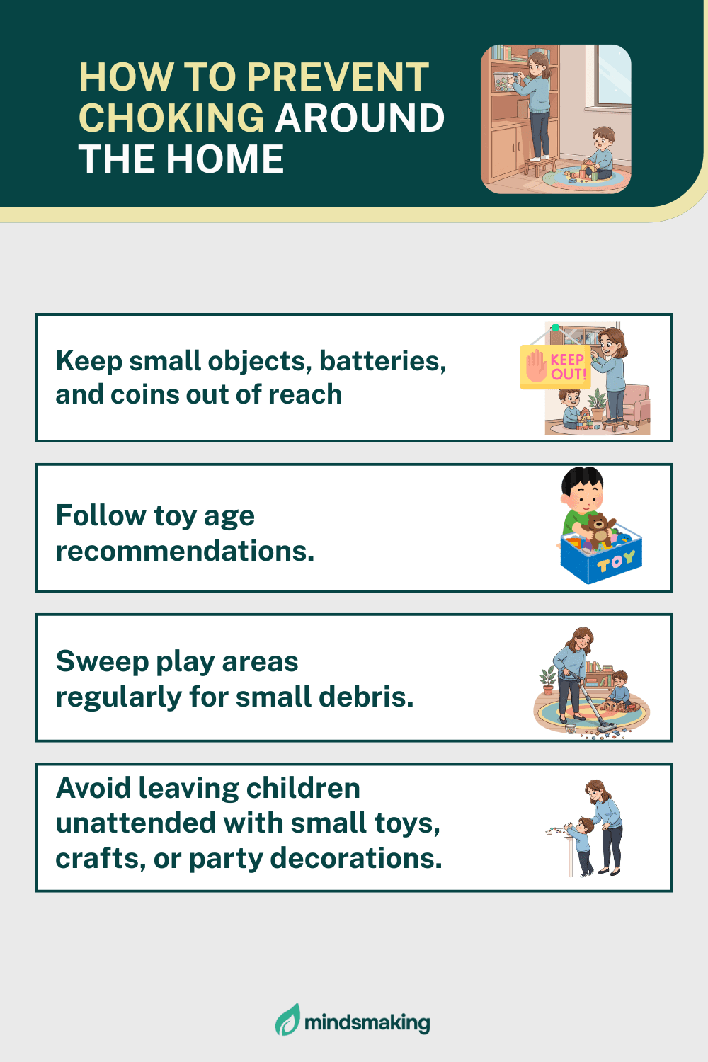 Visual guide with four tips for preventing non-food choking in children, focusing on managing items like small toys, batteries, and coins to ensure home safety for babies and toddlers.