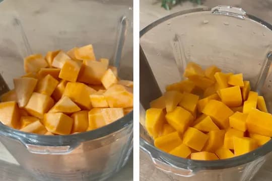 "Cubed butternut squash placed in a blender, prepared for making homemade vegetable puree or baby food recipe."