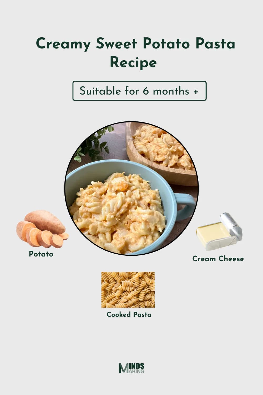 An image of a baby-friendly dish labeled "Creamy Sweet Potato Pasta," suitable for babies 6 months and older. The ingredients include potatoes, cream cheese, and cooked pasta. The image is well-illustrated for parents looking for baby meal inspiration. Designd by Mindsmaking.