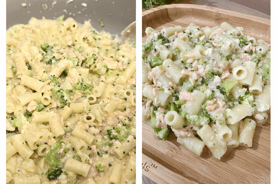 Serve the salmon, broccoli, and macaroni and cheese warm