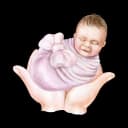 Watercolor Illustration of Newborn Held in Hands, Baby Swaddled in Lilac Cloth, Infant Safety and Care,