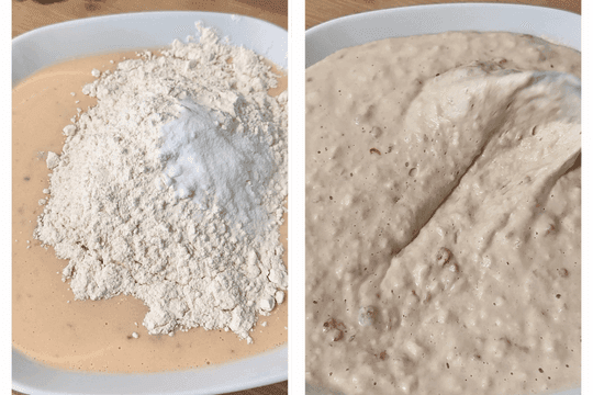 Folding flour and baking powder into wet ingredients to create a light and fluffy pancake batter for Christmas morning.