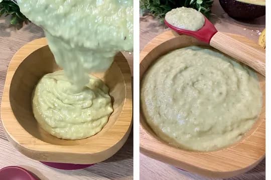 Freshly blended avocado, banana, and oatmeal baby food puree being poured into a bamboo suction bowl on the left, and a close-up of the smooth, creamy finished puree in the bowl with a red silicone spoon on the right. Perfect for healthy infant and toddler meals.