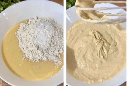 "Adding flour and baking powder to applesauce pancake batter and mixing to a smooth consistency in a white bowl"