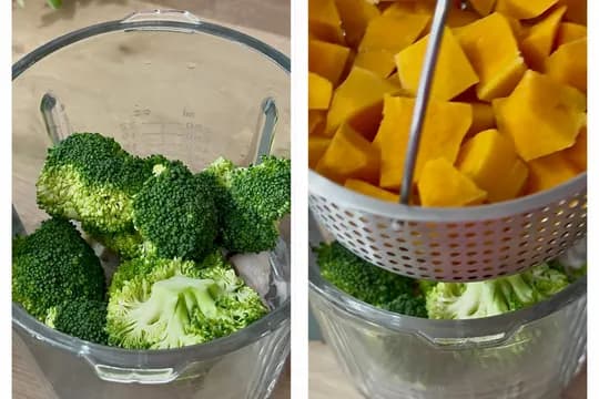Adding broccoli florets to steamer with sweet potato and chicken for baby food purée