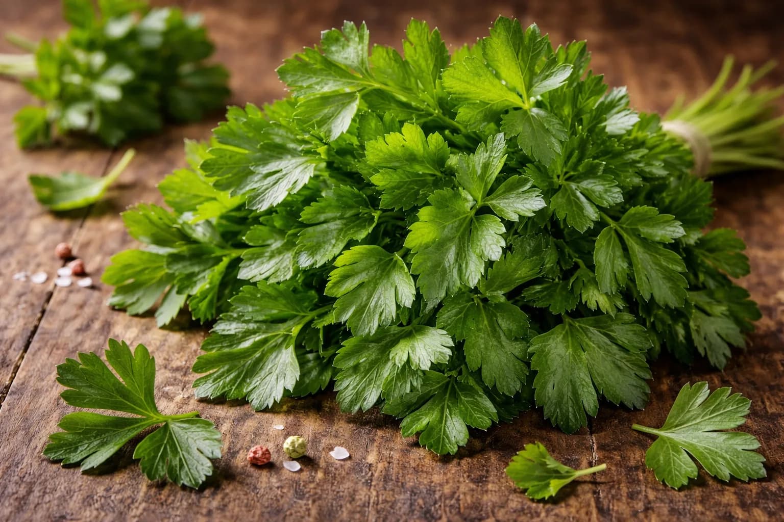A large bunch of fresh flat-leaf Italian parsley tied with twine on a rustic wooden table with scattered peppercorns and sea salt.