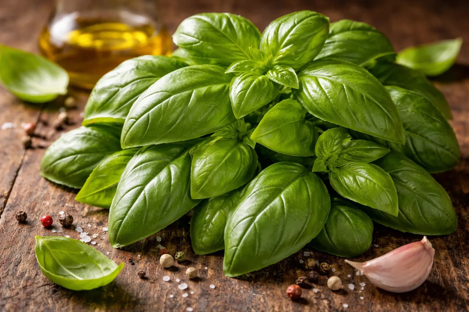 Bunch of fresh organic basil leaves with garlic and olive oil ingredients.