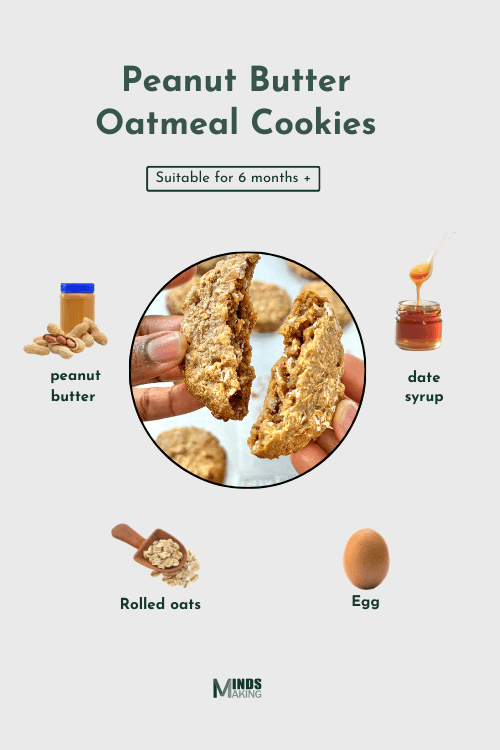 List of ingredients for homemade peanut butter oatmeal cookies, including peanut butter, date syrup, egg, and rolled oats.