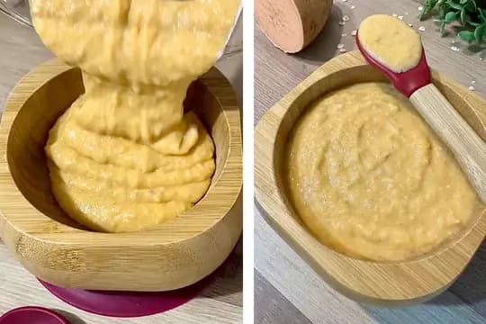 Adjusting baby porridge consistency with milk and serving in a bowl once cooled.