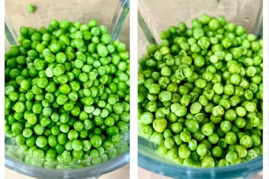 Close-up of vibrant green frozen peas in a blender jar, showing the before and after of soaking or thawing for making pea puree.
