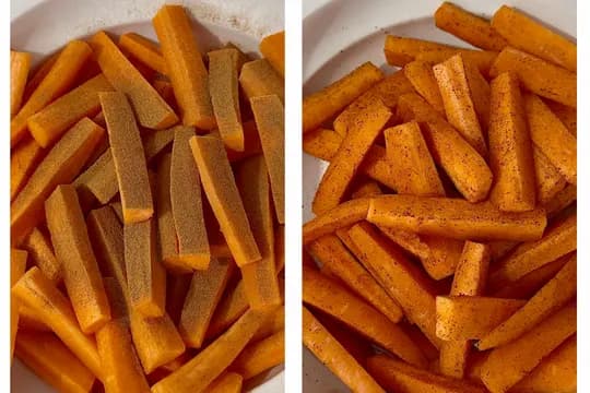 "Raw carrot sticks sprinkled with seasoning in a bowl, showing before and after tossing for baking or air frying, a step in preparing seasoned vegetable fries."