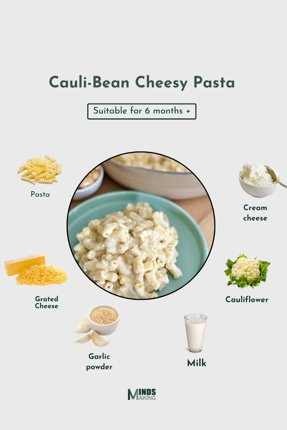 "Cauli-bean cheesy pasta recipe infographic with ingredients including pasta, cream cheese, grated cheese, cauliflower, garlic powder, and milk, suitable for babies 6 months and older"