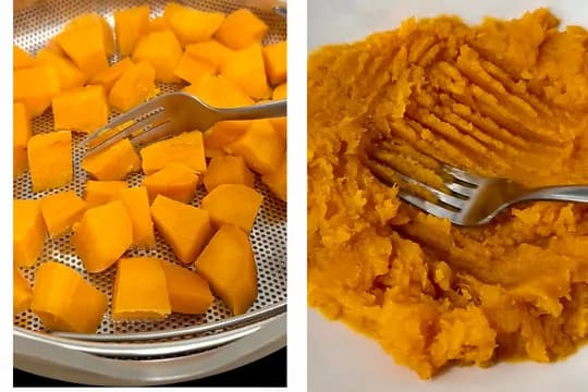 Step-by-step preparation of creamy sweet potato puree for baby food – steamed sweet potato cubes and mashed sweet potato with a fork on a white plate.