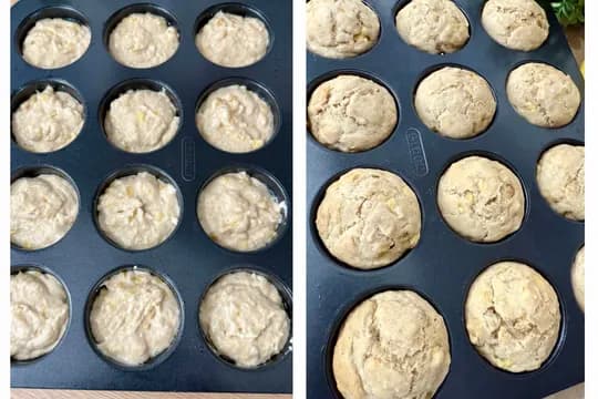 "Eggless banana muffin batter in a non-stick muffin tray before and after baking, showing the transformation into fluffy, golden-brown muffins."
