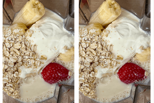 Add the frozen strawberries, bananas, yogurt, oats to the blender
