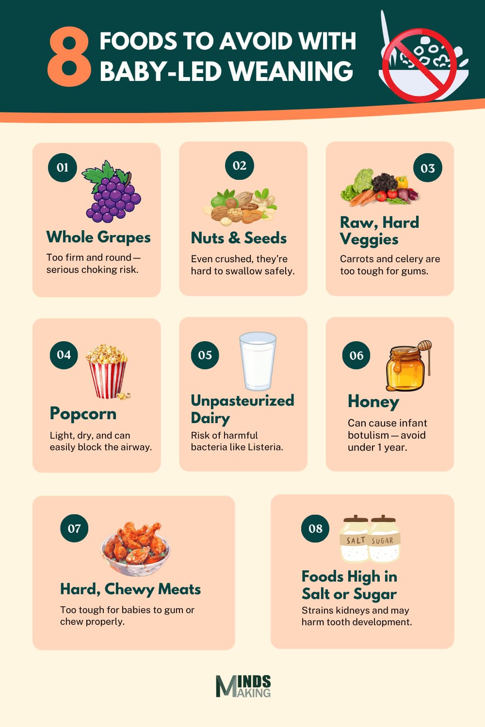 Visual guide showing 8 foods to avoid during baby-led weaning, including whole grapes, nuts and seeds, raw hard vegetables, popcorn, unpasteurized dairy, honey, hard chewy meats, and foods high in salt or sugar — to prevent choking and support infant health."