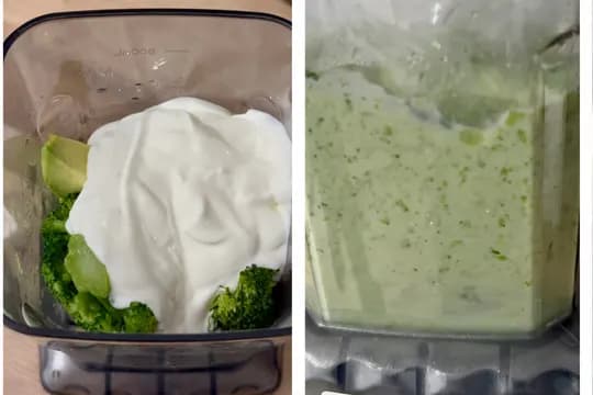 Blending cooked broccoli, avocado, and yogurt into a smooth, creamy sauce for avocado broccoli pasta—adjusting consistency with water or milk.