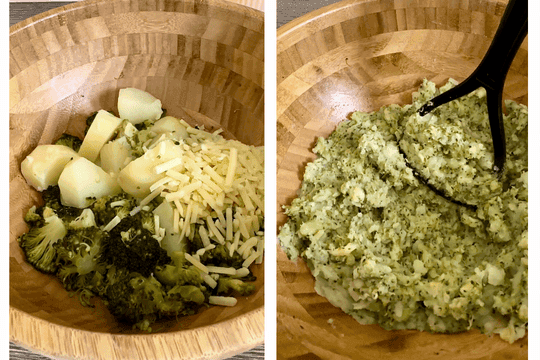 Steamed potatoes, broccoli, and grated cheese in a wooden bowl before and after mashing. A fork or potato masher is used to blend the ingredients into a smooth mixture, perfect for making baby-friendly potato broccoli tots.