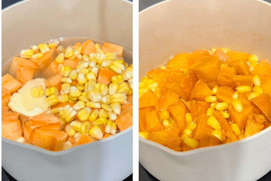 "Cook diced sweet potato and corn with water and unsalted butter in a pot, simmering for 10-15 minutes until the sweet potato is tender."