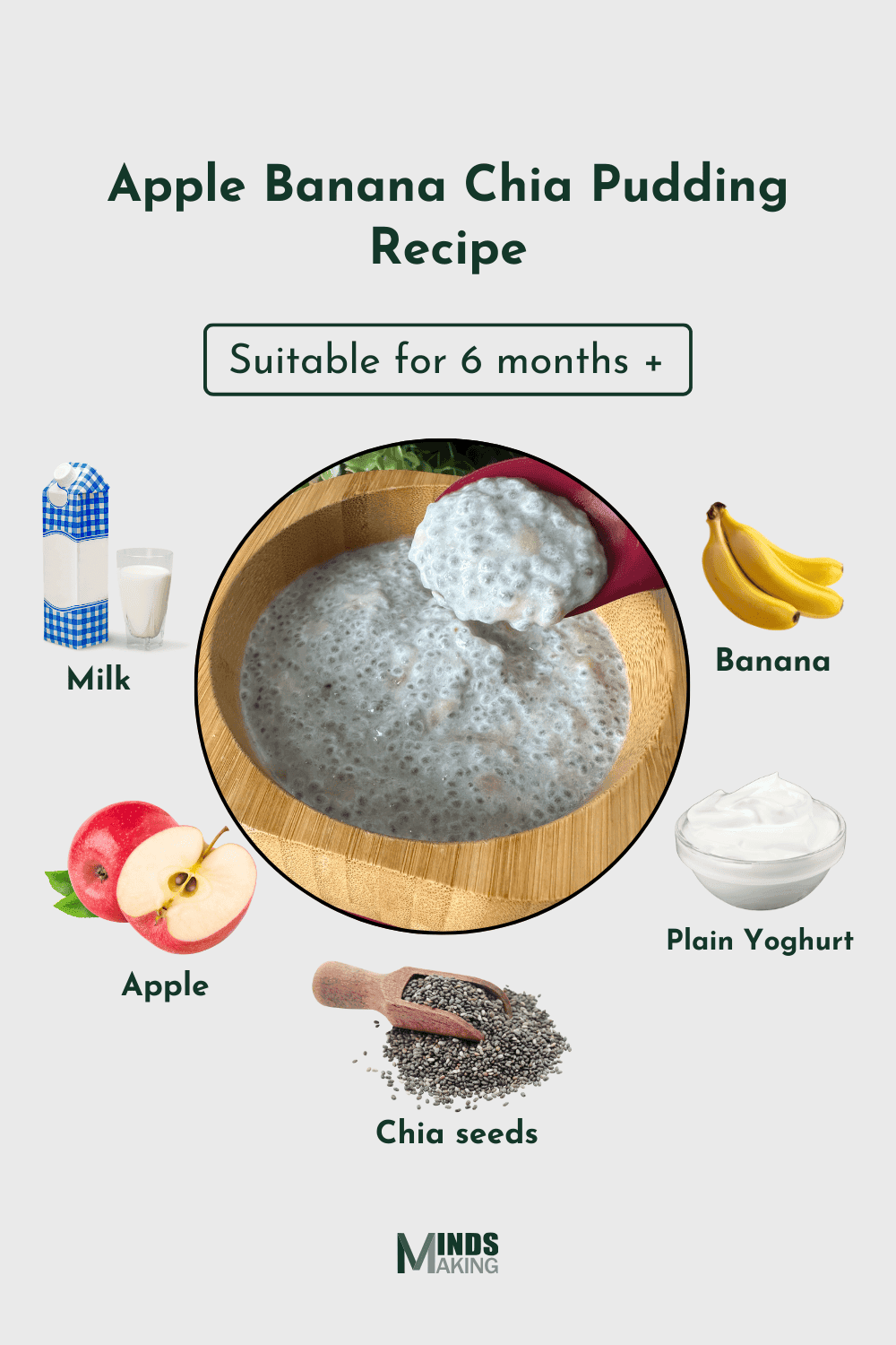 Apple Banana Chia Pudding recipe for babies 6 months and older, made with ingredients like: milk, banana, apple, plain yogurt, and chia seeds. A healthy and easy-to-make nutritious homemade baby food recipe designed by Mindsmaking.