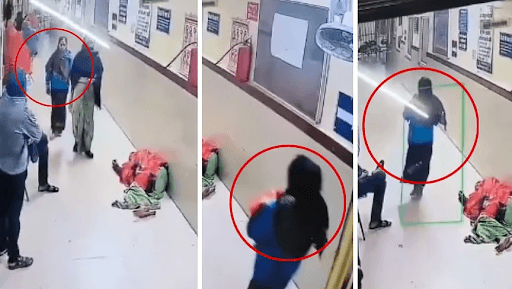 Three-panel composite image of security camera footage showing a person in a blue top and black head covering walking away from an area where another person is lying on the floor. Red and green circles/boxes highlight the person moving.