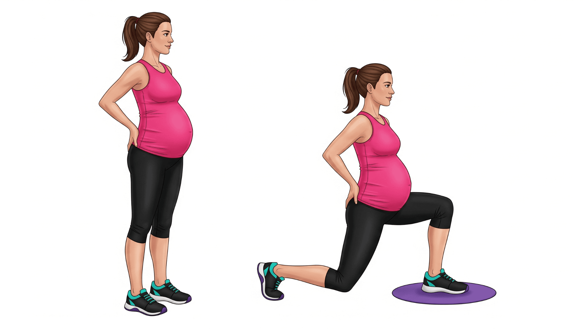 Pregnant woman demonstrating a lunge exercise to induce labor, shown in standing and low lunge positions.