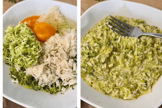 "Combine mashed broccoli, cooked rice, grated zucchini, and eggs in a bowl to make a thick fritter batter. Adjust consistency with extra rice or a splash of milk if needed."