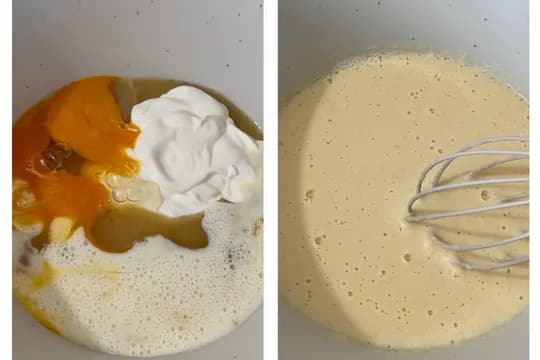 Gently stirring in flour and baking powder into pancake batter—mixing until just combined for light and fluffy blueberry sheet-pan pancakes.