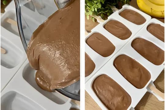 "Side-by-side image showing the process of making creamy chocolate popsicles. On the left, a thick chocolate mixture is being poured from a bowl into white popsicle molds. On the right, the molds are filled and ready for freezing, with wooden sticks inserted. Illustrates a homemade frozen dessert recipe."