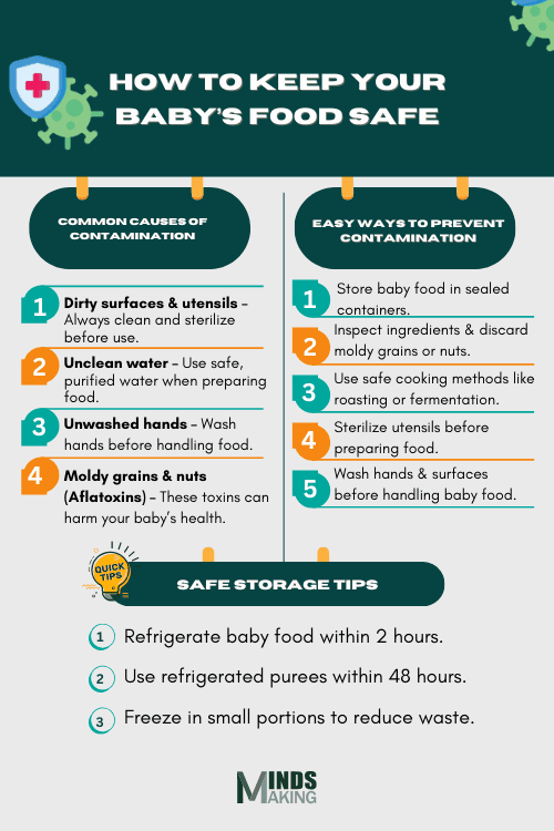 How to Prevent Baby Food Contamination Infographic detailing how to keep baby food safe from contamination, with the title, "How to Keep Your Baby's Food Safe".