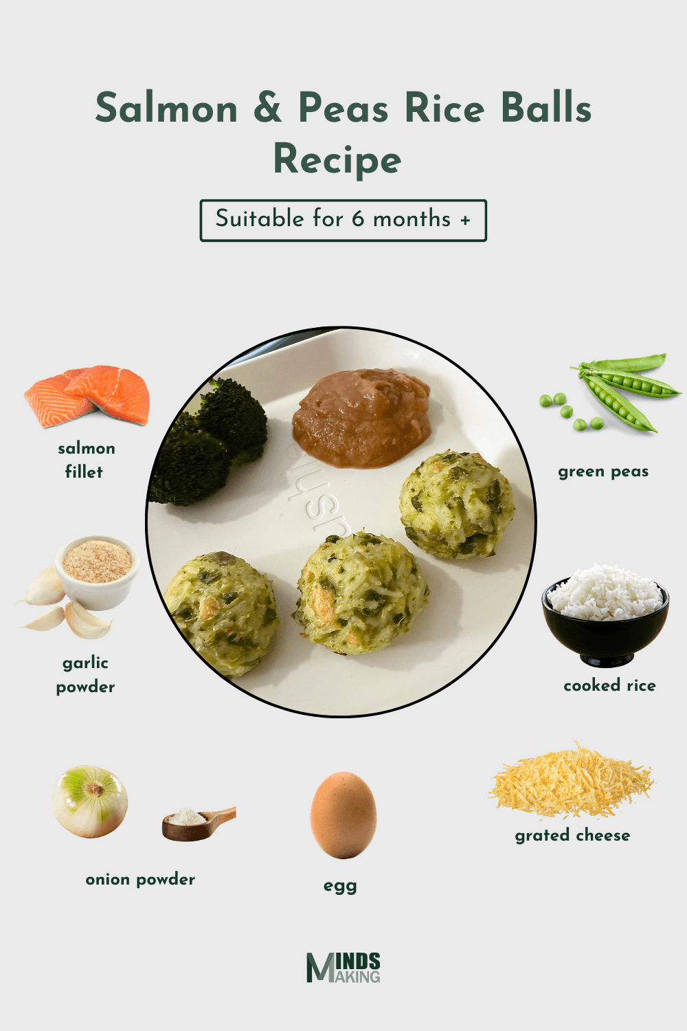 "Salmon and Peas Rice Balls recipes for babies 6 months and older, made with ingredients.
