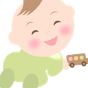 Cartoon illustration of a happy baby smiling and playing with a small wooden toy car, demonstrating fine motor skills and hand-eye coordination.