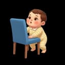 Illustration of a curious toddler in a yellow sleeper attempting to climb onto a blue chair, demonstrating the urge to climb.