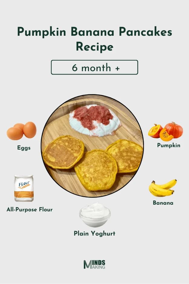 Pumpkin Banana Pancakes recipe for babies 6 months and older, made with ingredients like: pumpkin, banana, eggs, all-purpose flour, and plain yogurt. A healthy and easy-to-make nutritious homemade baby food recipe designed by MindsMaking.